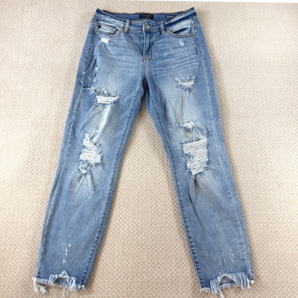Judy Blue Denim - Judy Blue Boyfriend Jeans 7/28 Distressed RawHem Bleach Splatter Thrashed Ripped